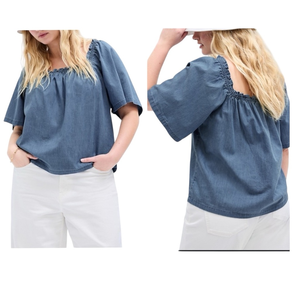 NWT GAP Relaxed Denim Square Neck Ruffle Trim Top Size XXL